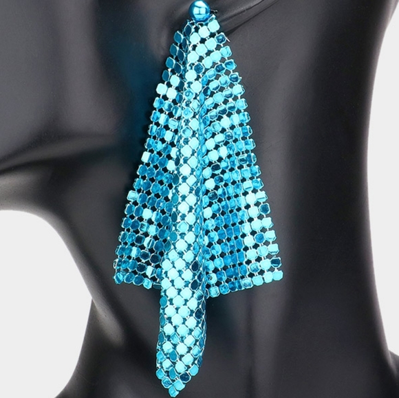 Blue Mesh Chain Dangle Earrings Drop Metal Cute Beautiful Statement Accessory - Picture 2 of 8